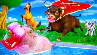 Cow Calf & Horse in Danger! Super Bull’s INTENSE Heroic Water Rescue from Wild Hippo Attack!