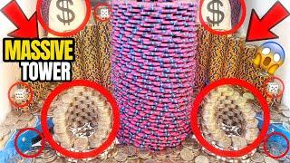 WORLD’S “BIGGEST” POKER CHIP TOWER CRASHES DOWN! HIGH LIMIT COIN PUSHER MEGA MONEY JACKPOT!