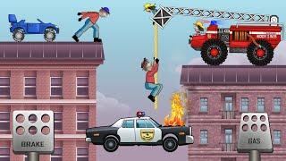 Hill Climb Racing - Fire Truck Rescue Policeman from the FIRE - Police Car on Rooftops GamPlay