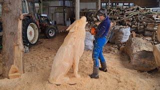 Chainsaw Carving a Howling Wolf Step-by-step