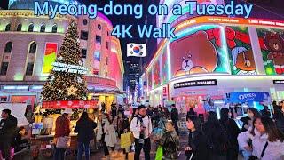 명동 Famous Night Market in Seoul Korea. Myeongdong 4K Walk on a Tuesday. Street Food, Shops, Vibes.