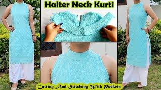 Halter Neck Kurti With Pocket | Cutting And Stitching | English Subtitles | Stitch By Stitch