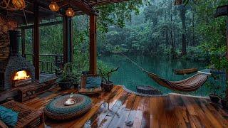 Tropical Forest Porch On Rainy Day - Calming Rain and Fireplace Sounds To Relax, Sleep, Rest