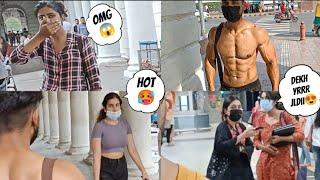 Bodybuilder goes shirtless in cp delhi || metro station || girls reaction || public reaction |
