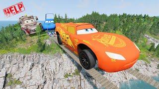 Pixar Cars vs Big & Small Lightning McQueen Boy,Dinoco,Tow Mater vs Suspension Bridge-BeamNG.Drive