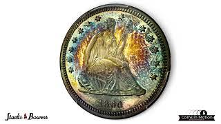 Top Pop 1860 Seated Quarter in PCGS PR-67CAM - Monster Rainbow Toner - Coins in Motion v2022