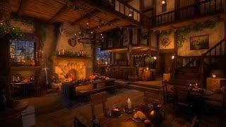 Cozy Winter Tavern | Medieval Night Ambience | Fireplace, Wind, Snow Blizzard & Sounds