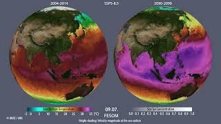 AWI-CM-3: Comparative display of SST,  velocity and seaice for 2005-2014 and 2090-2099 (SSP5-8.5)