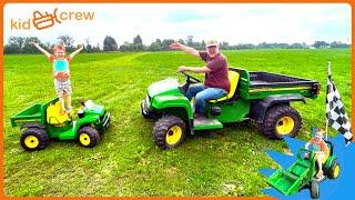 Farming race with Gator, tractor, truck, ATV, forklifts, and chickens. Educational | Kid Crew