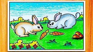 Easy Rabbit Scenery Drawing|How To Draw Rabbit Scenery Step By Step|Easy Rabbit Drawing For Kids