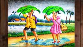 Village rainy season drawing step by step/Rainy season scenery drawing colours