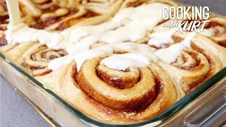 Cinnabon Cinnamon Rolls: Sweet Sticky Buns Topped with Gooey Cream Cheese Glaze | Cooking with Kurt