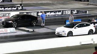 Black Audi S5 Sportback Vs. White Tesla Model 3 Long Range Drag Race - Las Vegas 6-2-2023 - 4K UHD