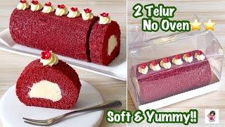 NO BAKE RED VELVET ROLL CAKE⭐️ Resep Pemula! 2butir telur lembut n fillingnya lumeeer di mulut️