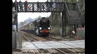 Steam thrash with whistle, Bulleid Pacific 34027 Taw Valley at speed as 34045 Ottery St Mary