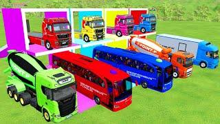 TRANSPORTING ALL COLORED MIXER CEMENT TRUCK & SCHOOL BUS WITH MAN TRUCK TO GARAGE- FS22