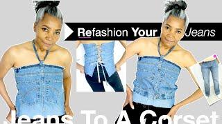 How to Make a Corset Top Out of Jeans | THRIFTED DIY