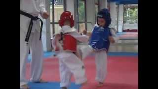 Taekwondo sparring of two 3-year boys