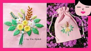 ENG CC 프랑스자수 린넨 파우치 작은 꽃다발 자수 무료 자수도안 little rose bouquet embroidery on linen pouch