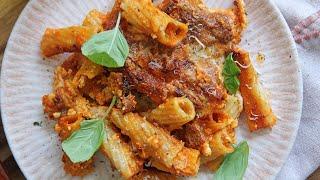 Baked Rigatoni with Blush Roasted Pepper Sauce Recipe - Laura Vitale