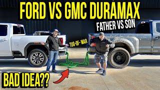 Ford F450 Dually Powerstroke VS Wrecked Rebuilt GMC Duramax | Father vs Son Tug Of War