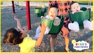 Twins first time on swing playground for kids and Baby's first trampoline Family Fun playtime