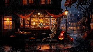 Victorian Coffeehouse Halloween Ambience | City Rain & Thunderstorm Sounds for Relaxation, Sleeping