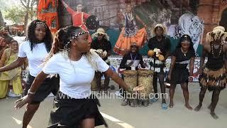 Zimbabwe women dance at Surajkund Crafts Mela in Faridabad Haryana, while men provide percussion