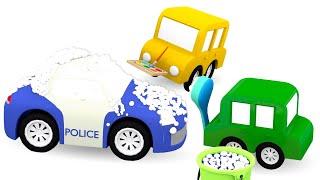 ¡Vamos a lavar un coche de policía! 4 coches coloreados. Dibujos animados + una canción infantil