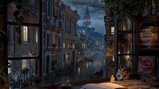 Venice Water Canal View Ambience with Relaxing Light Rain Sounds for Focus, Study, and Relaxation