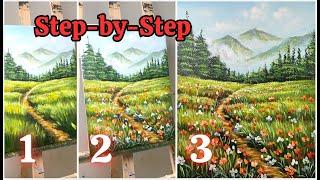 How to draw Easy landscape and flower painting / Step-by-Step