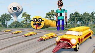 LONG Car Eater Cars vs Downhill Ramps with MINION EATER & MIMICER & WATER EYE TOWER – BeamNG.Drive