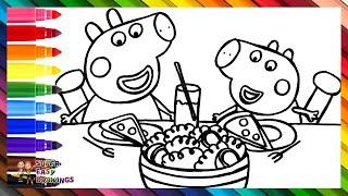 Draw and Color Peppa Pig and George Pig Eating Pizza  Drawings for Kids