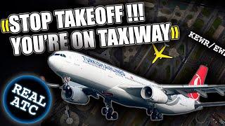 Turkish Airbus Start TAKEOFF ON TAXIWAY. REAL ATC