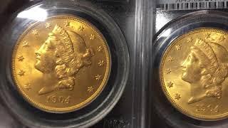 Comparing four $20 gold liberty double eagle coins PCGS grades MS62