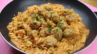 Pasta with minced meatballs recipe, pasta pan with meatballs, delicious recipe