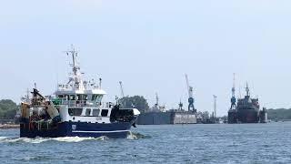 The newest small fishing trawler "Vseslav" returns from the Baltic Sea. Baltiysk city