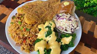 Soul Food!  The BEST Fried Catfish, Dirty Rice, Broccoli w/ Cheese Sauce, Coleslaw, Roll EVER!