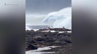 Huge waves wipeout beachgoers on Oahu's North Shore