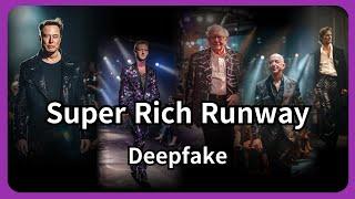 the world's 10 richest people. a super-rich runway. Model walking. Deepfake AI.