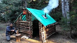 Building a Off Grid Log Cabin - Warm Survival Shelter in Forest - Bushcraft Camping