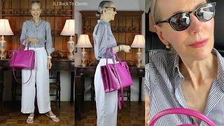 Timeless Resort Style: Ralph Lauren Collection Pink Tote, Striped Button Up Shirt, Linen Pants OOTD