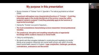 The survivor researcher as ‘trickster’? Experiential Knowledge in Research - Dr Dina Poursanidou