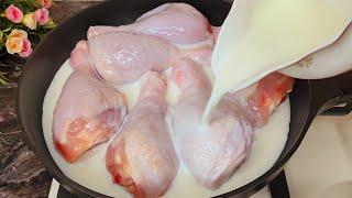 I'm just pouring milk! Have you ever tried such chicken meat? An incredible recipe!