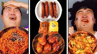 ASMR MUKBANG| Eating with king and beggar Fire spicy Food, Fire noodles wrap, Chicken, Sausage.