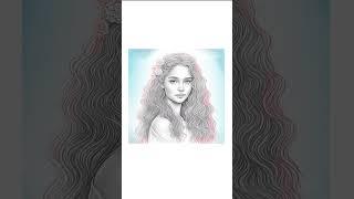 Colorization of a coloring page for adults of a beautiful girl with long wavy hair