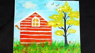 Simple acrylic painting for beginners| easy house and tree scenery in acrylic