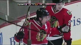 Patrick Sharp nets hat trick versus Avalanche