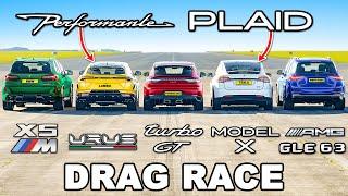 The World's Quickest SUVs: DRAG RACE! New Urus PERF v Model X PLAID v X5M v Turbo GT v GLE 63 S