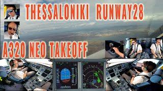 THESSALONIKI  (SKG) | Taxiing, takeoff + departure rwy 28 | A320 NEO | Cockpit and pilot views